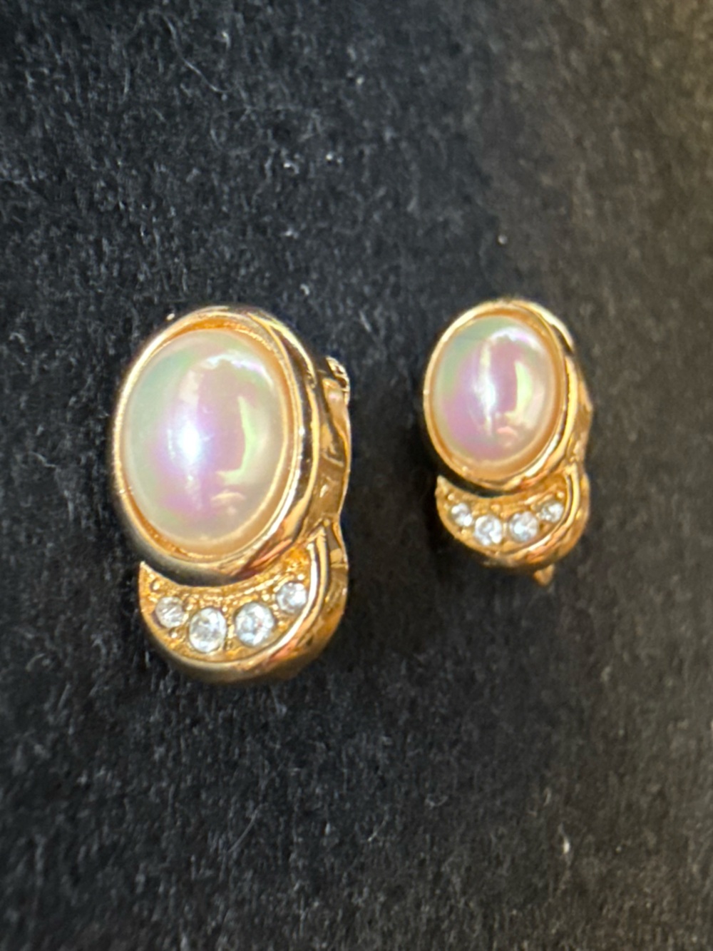 Vintage Christian Dior Clip-On Earrings Gold Tone Opalescent Faux Pearl Crystal